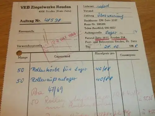 VEB Ziegelwerke Reuden b. Zeitz , 1968 , Hr. Krause , Hr. Kirsten , alte Rechnung , Reklame / Werbung !!