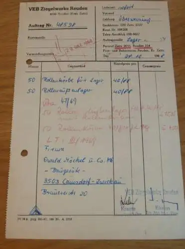 VEB Ziegelwerke Reuden b. Zeitz , 1968 , Hr. Krause , Hr. Kirsten , alte Rechnung , Reklame / Werbung !!