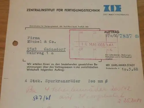 Zentralinstitut für Fertigungstechnik in Karl-Marx-Stadt , 1968 , alte Rechnung , Reklame / Werbung !!