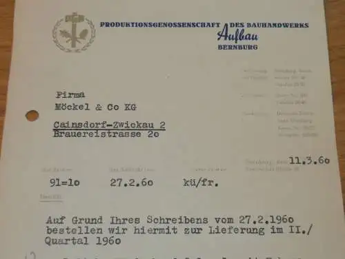 PGH Bauhandwerk " Aufbau " in Bernburg , 1960 , alte Rechnung , Reklame / Werbung !!