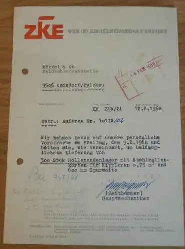 VEB Ziegelkombinat Erfurt , 1968 , Hr. Zeithammer , alte Rechnung , Reklame / Werbung
