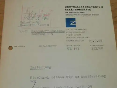 Zentrallaboratorium Elektrogeräte in Karl-Marx-Stadt , 1968 ,Hr. Müller ,Fr. Wilhelm , alte Rechnung , Reklame / Werbung