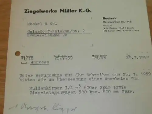 Ziegelwerke Müller KG in Bautzen , 1959 , alte Rechnung , Reklame / Werbung !!