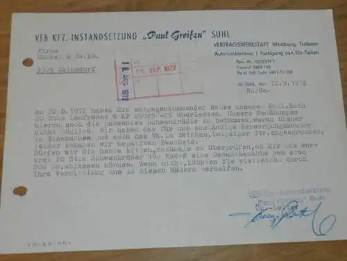 VEB KFZ-Instandsetzung " Paul Greifzu " in Suhl , 1972 , Wartburg , Trabant , alte Rechnung , Reklame / Werbung !!