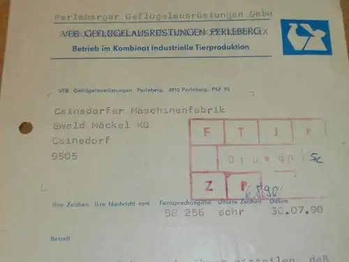 VEB Geflügelausrüstung Perleberg / Düpow , 1990 , Tierproduktion , alte Rechnung , Reklame / Werbung !!