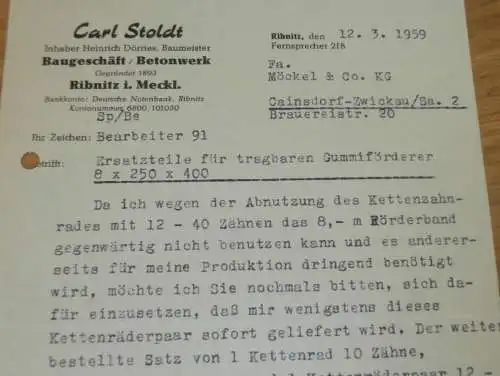 Betonwerk - Carl Stoldt / H. Dörries in Ribnitz i. Meckl., 1959 , Baugeschäft , alte Rechnung , Reklame / Werbung !!