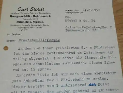 Betonwerk - Carl Stoldt / H. Dörries in Ribnitz i. Meckl., 1959 , Baugeschäft , alte Rechnung , Reklame / Werbung !!