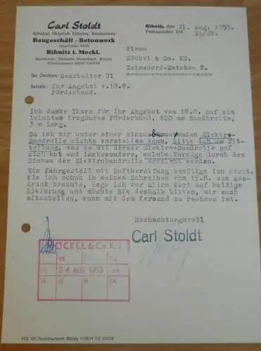 Betonwerk - Carl Stoldt / H. Dörries in Ribnitz i. Meckl., 1959 , Baugeschäft , alte Rechnung , Reklame / Werbung !!