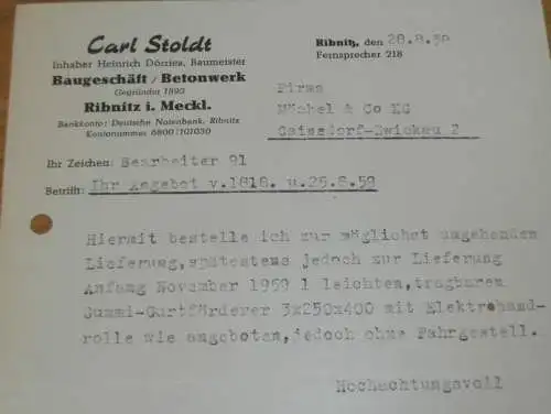 Betonwerk - Carl Stoldt / H. Dörries in Ribnitz i. Meckl., 1959 , Baugeschäft , alte Rechnung , Reklame / Werbung !!