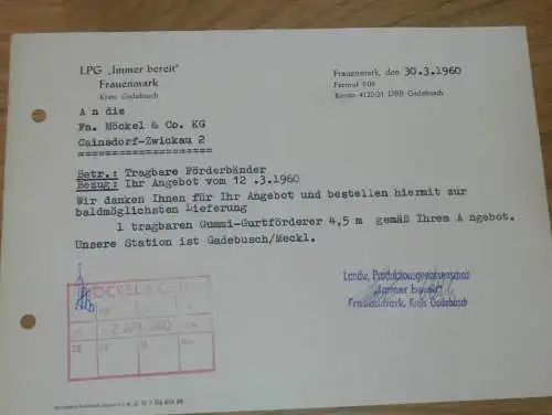 LPG " Immer Bereit " in Frauenmark , 1960 , Gadebusch , alte Rechnung , Reklame / Werbung !!