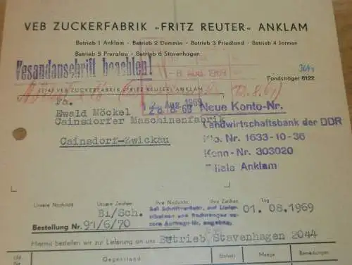 VEB Zuckerfabrik " Fritz Reuter " in Anklam , 1969 , Stavenhagen , alte Rechnung , Reklame / Werbung !!