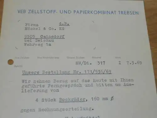 VEB Zellstoff- und Papierkombinat Trebsen , 1969 , Hr. Werner , Hr. Schäfer , alte Rechnung , Reklame / Werbung !!