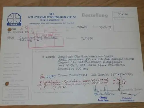 VEB Werkzeugmaschinenfabrik Zerbst , 1969 , Hr. Schmiedel , Hr. Hanke , alte Rechnung , Reklame / Werbung !!