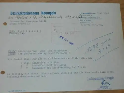 Bezirkskrankenhaus Neuruppin , 1968 , Krankenhaus , Hr. Burandt , alte Rechnung , Reklame / Werbung