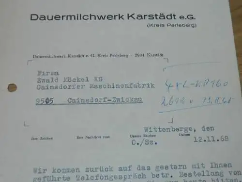 Dauermilchwerk Karstädt e.G. b. Perleberg 1968, Hr. Ogilvie , Molkerei , Wittenberge , alte Rechnung , Reklame / Werbung