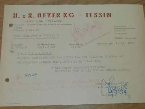 Säge- und Holzwerk - R. Beyer KG in Tessin b. Rostock , 1968 , Hr. Kujawski , alte Rechnung , Reklame / Werbung !!