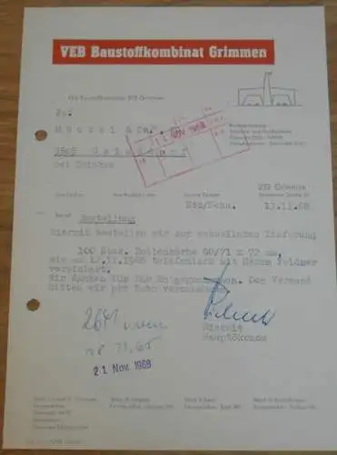 VEB Baustoffkombinat Grimmen , 1968 , Hr. Rickelt , alte Rechnung , Reklame / Werbung !!