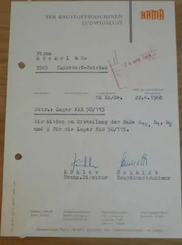 VEB Baustoffmaschinen BAMA in Ludwigslust , 1968 , Hr. Köhler , Hr. Schmidt , alte Rechnung , Reklame / Werbung !!