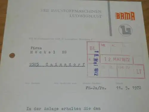 VEB Baustoffmaschinen BAMA in Ludwigslust , 1972 , Hr. Gossmann , Hr. Jahn , alte Rechnung , Reklame / Werbung !!