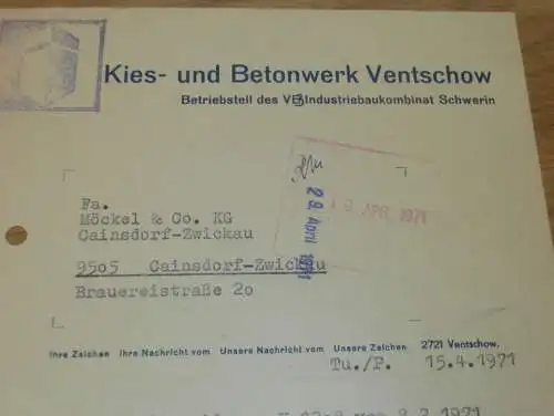 Kies- und Betonwerk Ventschow , 1971 , Schwerin , Hr. Kusch , Hr. Krause , alte Rechnung , Reklame / Werbung