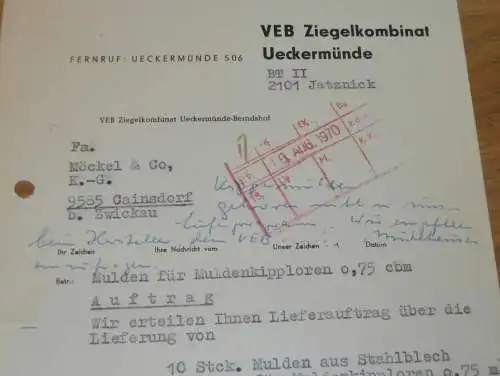 VEB Ziegelkombinat Ueckermünde , 1970 , Hr. Kinzel , Hr. Gehrmann , alte Rechnung , Reklame / Werbung