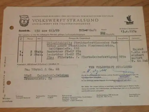 Volkswerft Stralsund ,1970, Spezialwerft für Schiffe , Schiffbau ,Hr. Appel Hr. Greven alte Rechnung , Reklame / Werbung