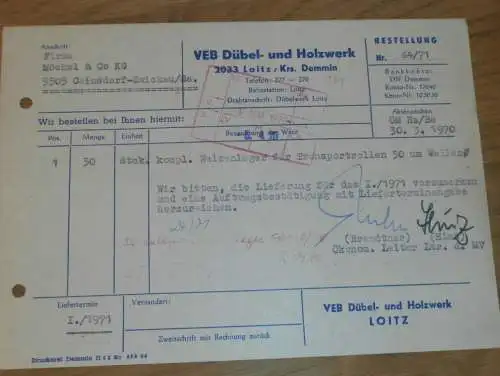 VEB Dübel- und Holzwerk in Loitz b. Demmin , 1970, Hr. Brendtner , Hr. Hinz , alte Rechnung , Reklame / Werbung !!