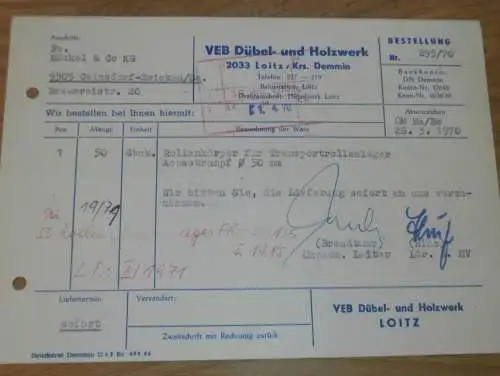 VEB Dübel- und Holzwerk in Loitz b. Demmin , 1970, Hr. Brendtner , Hr. Hinz , alte Rechnung , Reklame / Werbung !!