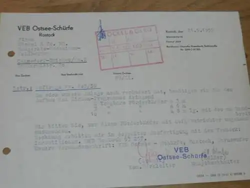 VEB Ostsee - Schürfe in Rostock , 1959 , Hr. Quandt , Hr. Möller , alte Rechnung , Reklame / Werbung