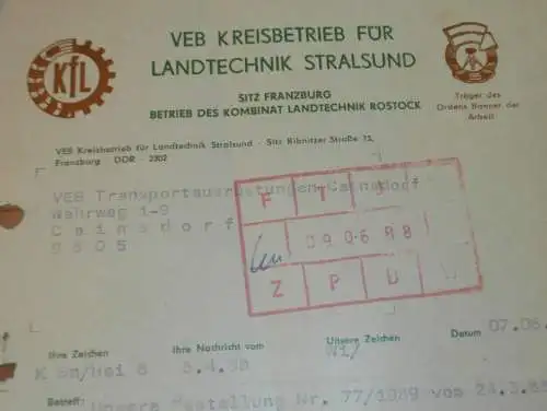 VEB Kreisbetrieb für Landtechnik Stralsund in Franzburg , 1988 , Hr. Stremlow , alte Rechnung , Reklame / Werbung