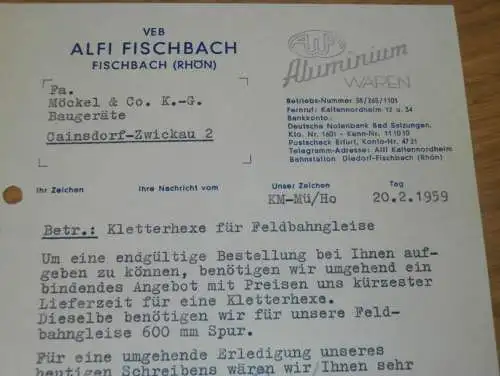 VEB Alfi Fischbach in Fischbach / Rhön , 1959 , Aluminium , Diedorf , Kaltennordheim , alte Rechnung , Reklame / Werbung