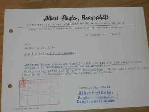 Baugeschäft - Albert Flügler in Tangermünde , 1959 , alte Rechnung , Reklame / Werbung !!
