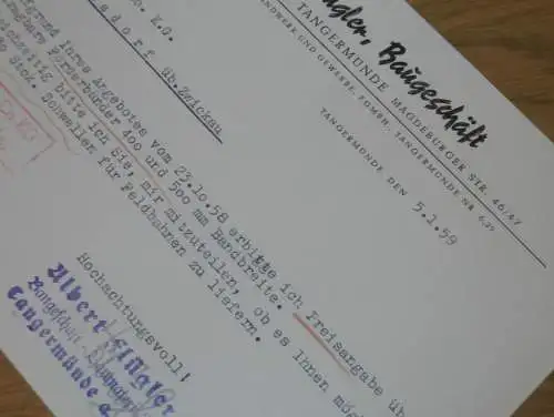 Baugeschäft - Albert Flügler in Tangermünde , 1959 , alte Rechnung , Reklame / Werbung !!