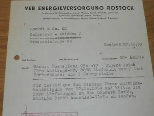 VEB Energieversorgung Rostock , 1959 , Gaswerk Barth , Hr. Rubenow , Hr. Behrens , alte Rechnung , Reklame / Werbung !!
