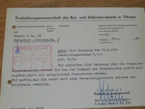 PGH Bau- und Elektrohandwerk in Tribsees , 1960 , Hr. Heuer , alte Rechnung , Reklame / Werbung !!