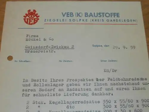 VEB Baustoffe - Ziegelei Solpke b. Gardelegen , 1959 , alte Rechnung , Reklame / Werbung !!