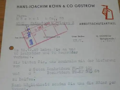 Arbeitsschutzartikel - Hans-Joachim Köhn & Co. in Güstrow , 1970 , alte Rechnung , Reklame / Werbung !!