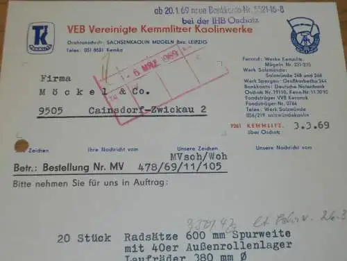 VEB Vereinigte Kaolinwerke in Kemmlitz , 1969 , Salzmünde , Mügeln , alte Rechnung , Reklame / Werbung !!