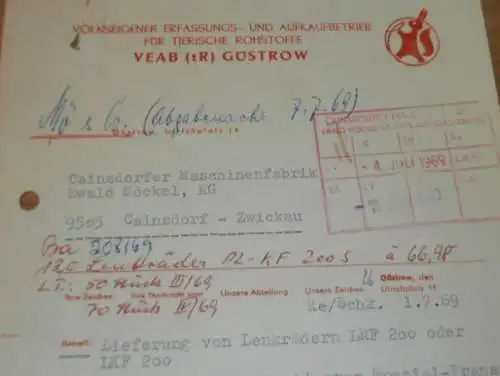 VEAB Güstrow , Tierische Rohstoffe , 1969 , Hr. Patett , alte Rechnung , Reklame / Werbung !!