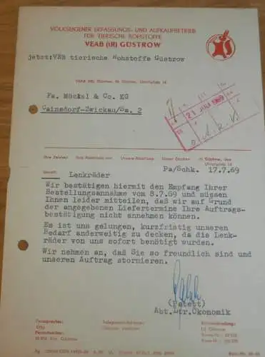 VEAB Güstrow , Tierische Rohstoffe , 1969 , Hr. Patett , alte Rechnung , Reklame / Werbung !!