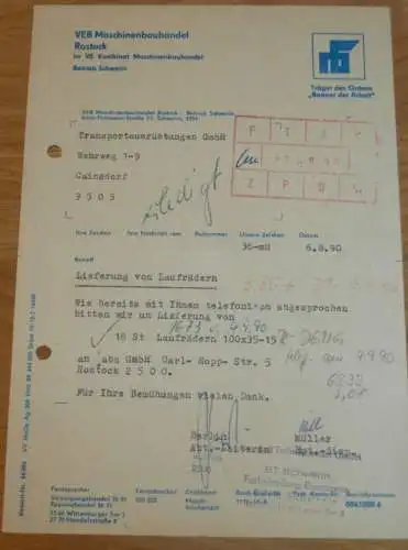 VEB Maschinenbauhandel Rostock / Schwerin , 1990 , Banner der Arbeit , Fr. Berlin , alte Rechnung , Reklame / Werbung !!