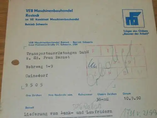 VEB Maschinenbauhandel Rostock / Schwerin , 1990 , Banner der Arbeit , alte Rechnung , Reklame / Werbung !!