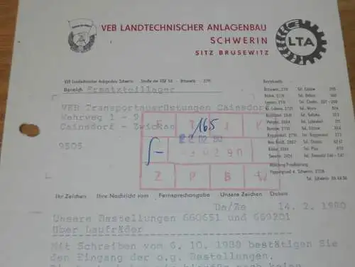 VEB Landtechnischer Anlagenbau in Brüsewitz / Schwerin ,1990,Hr. Bubbert , Hr. Dankert alte Rechnung , Reklame / Werbung