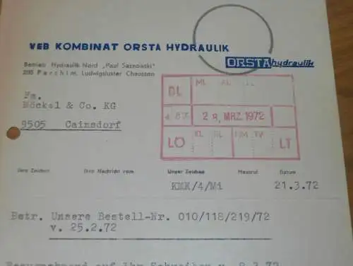 VEB Kombinat Orsta Hydraulik in Parchim , 1972 , Hr, Scholz , Paul Sasnowski , alte Rechnung , Reklame / Werbung !!