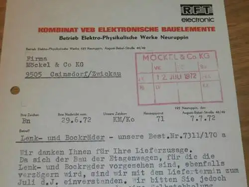 Kombinat VEB Elektronische Bauelemente Neuruppin , 1972 , Hr. Korb , Hr. Heinrich , alte Rechnung , Reklame / Werbung !!