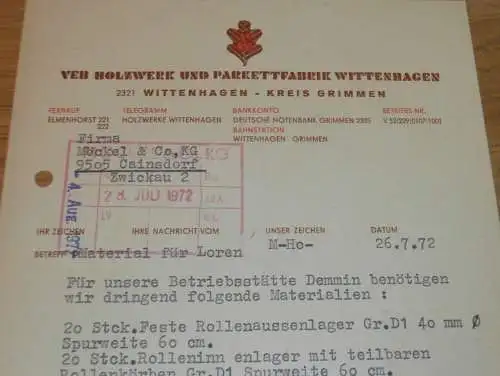 VEB Holzwerk und Parkettfabrik Wittenhagen b. Grimmen , 1972 , alte Rechnung , Reklame / Werbung !!