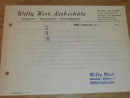 Schmiede und Schlosserei - Willy Hirt in Liebschütz , 1972 , alte Rechnung , Reklame / Werbung !!
