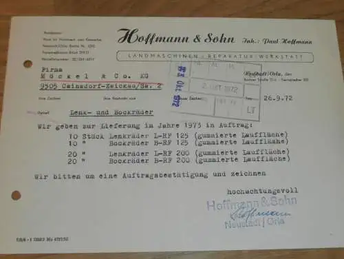 Hoffmann & Sohn in Neustadt a. Orla , 1972 , alte Rechnung , Reklame / Werbung !!