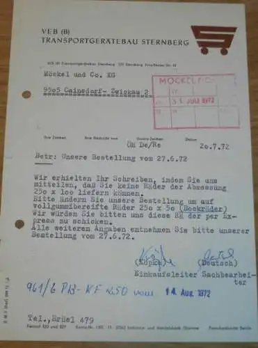 VEB Transportgerätebau Sternberg , 1972 , Hr. Köpke , Hr. Deutsch , alte Rechnung , Reklame / Werbung