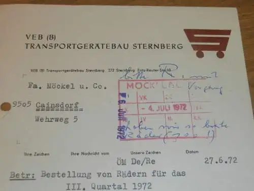 VEB Transportgerätebau Sternberg , 1972 , Hr. Köpke , Hr. Deutsch , alte Rechnung , Reklame / Werbung